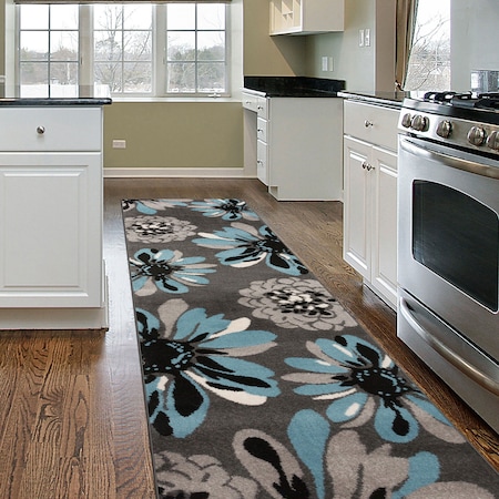 World Rug Gallery Modern Flowers Design Runner Rug 2' x 7'2'' Blue 374BLUE2X7